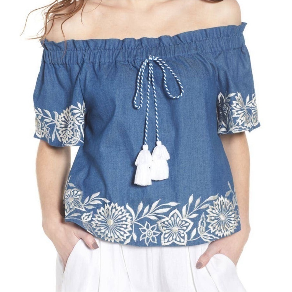 NWT MISA LA Embroidered Chambray Off Shoulder Top